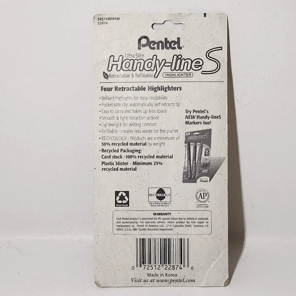 NEW Pentel Recycled Handy-Lines Slim Retractable Highlighters Pens 4 Pac…